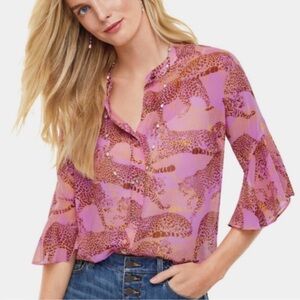 Cabi Minx Sheer Blouse Top Leopard Print L Lilac Flutter Half Sleeves Button Up